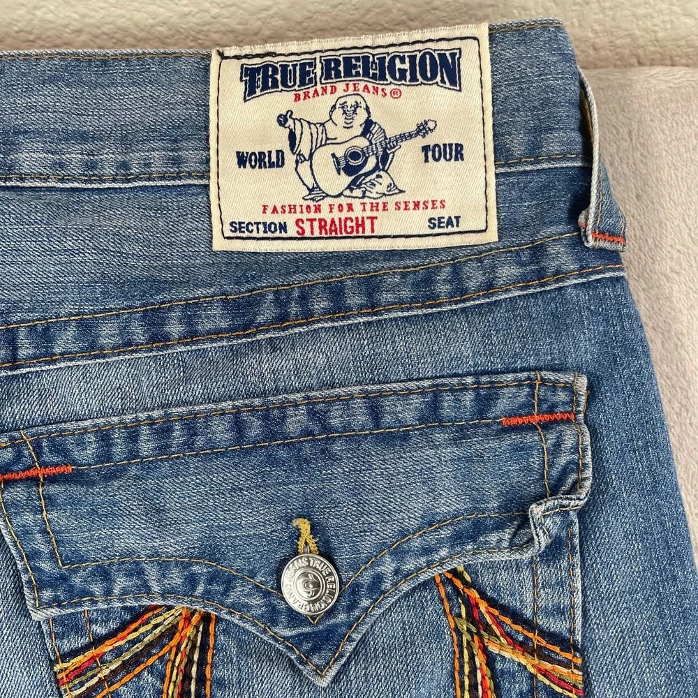 True‎ Religion Embroidered Flap Pockets Thick Stitch Men 36x33 Blue Made in USA